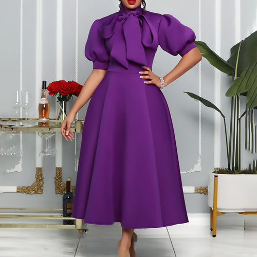 Damen Elegantes Midi-Kleid mit Puffärmeln und Bindegürtel Drune