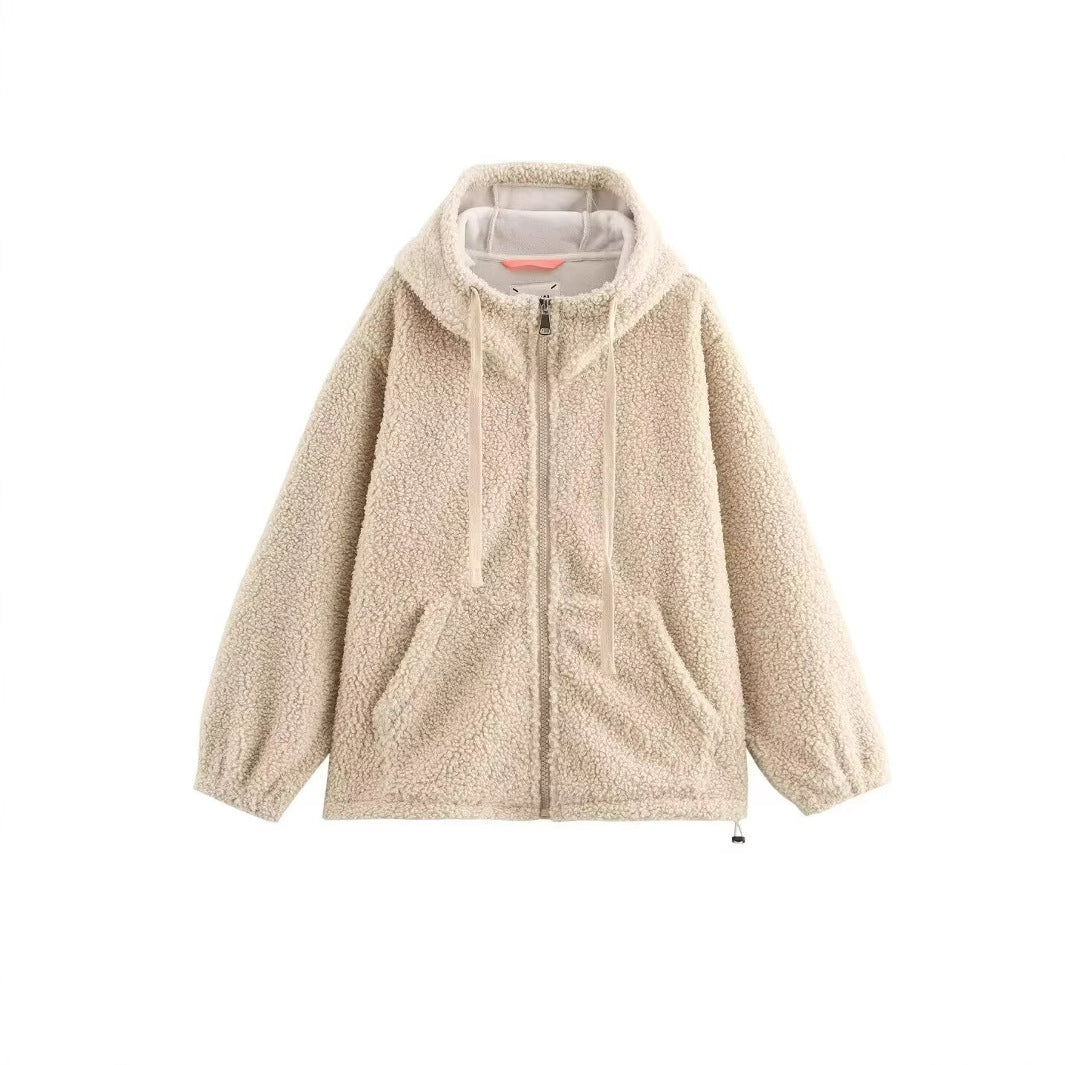 Damen Teddy-Fleece-Kapuzenjacke mit durchgehendem Reißverschluss und Kängurutaschen Drune