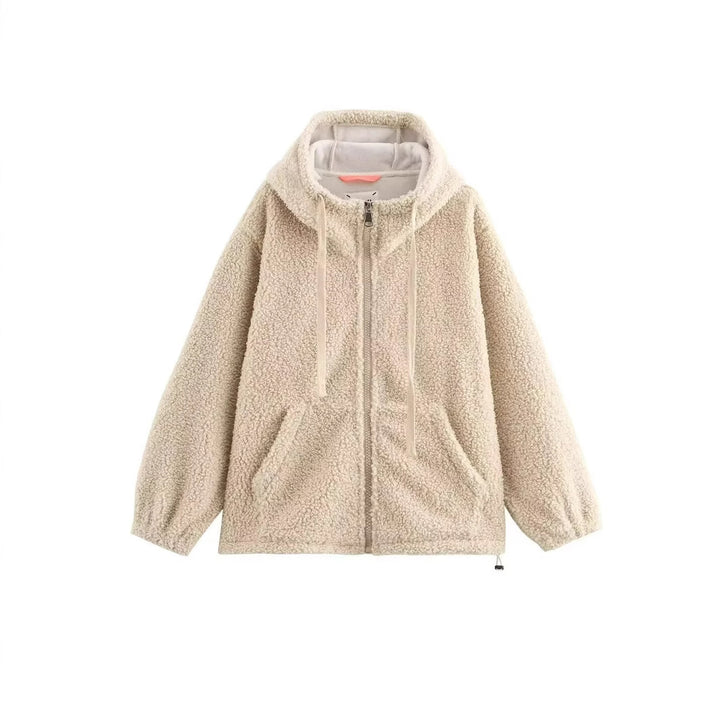 Damen Teddy-Fleece-Kapuzenjacke mit durchgehendem Reißverschluss und Kängurutaschen Drune