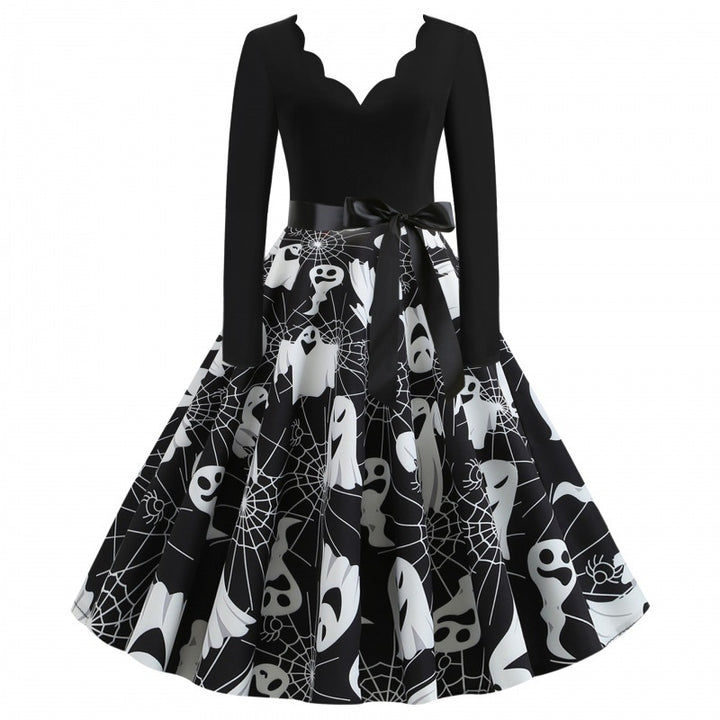 Damen Swingkleid mit wellenförmigem Ausschnitt, langärmligem Oberteil und Geister-Print mit Taillenschleife Drune