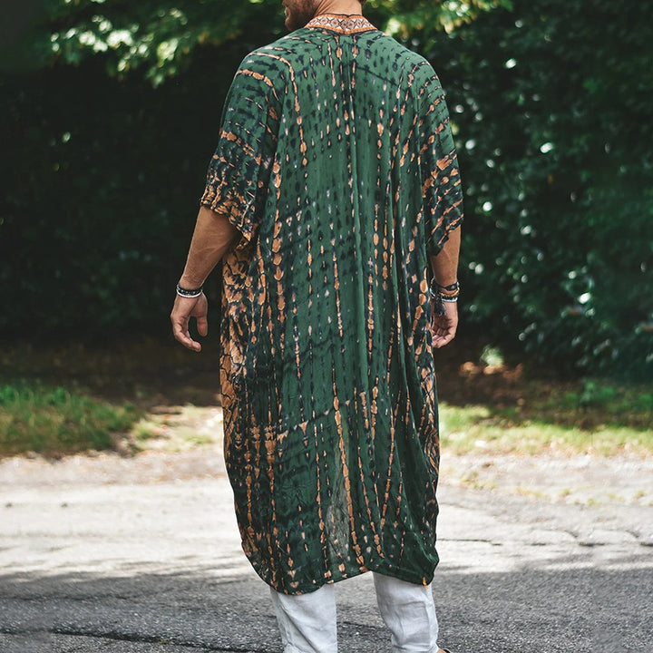 Herren Langer Batik-Kimono aus leichter Viskose mit Ornamentbesatz Drune