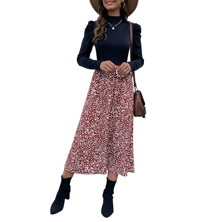 Damen A-Linien-Midirock mit hohem Bund, fließender Silhouette und abstraktem Print Drune