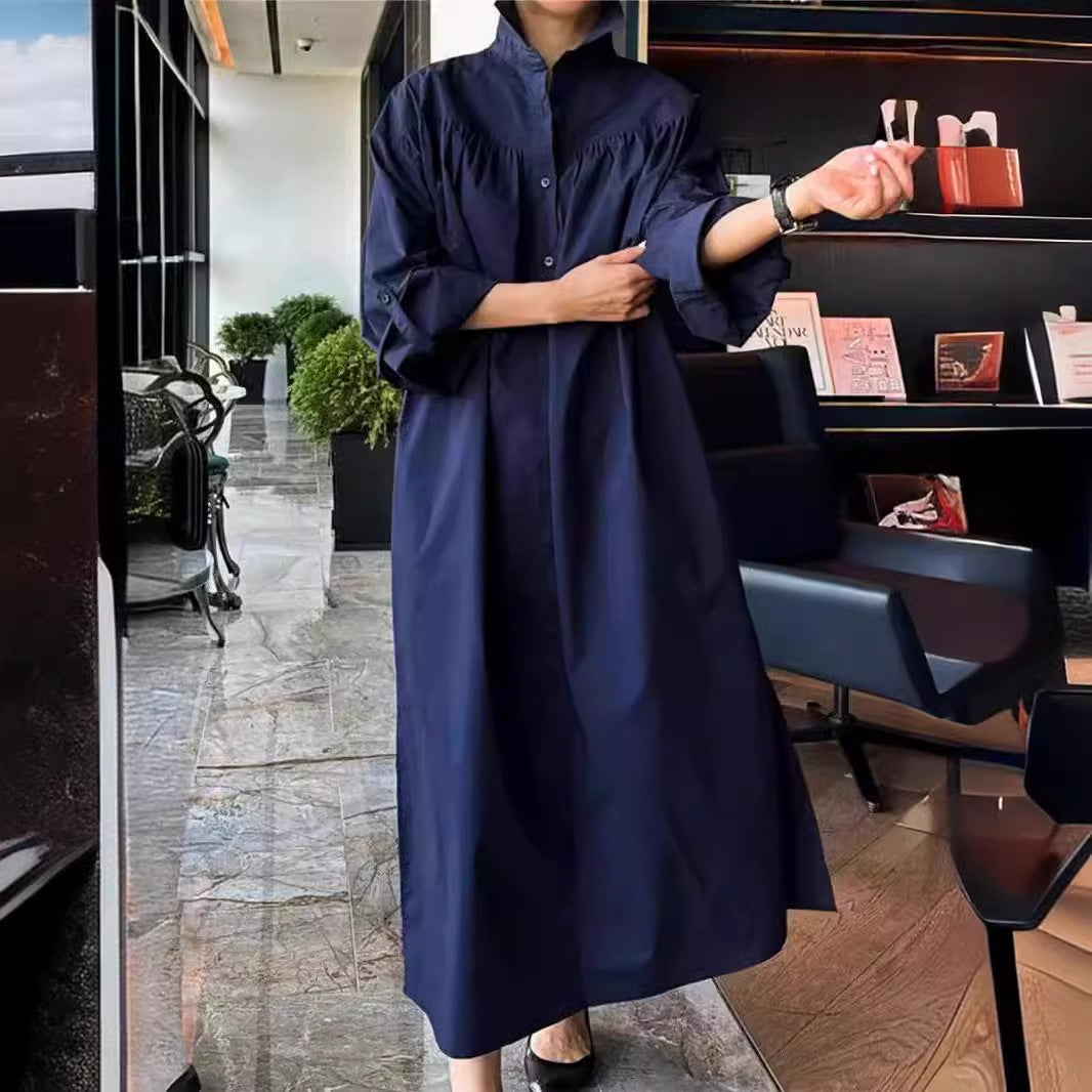 Damen Maxikleid im Oversize-Hemdstil mit Stehkragen, Schulterpasse und Eingrifftaschen Drune