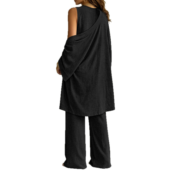 Damen Leichtes Lounge-Set mit Kimono-Cardigan, V‑Ausschnitt-Top und weitem Kordelbund-Hose Drune