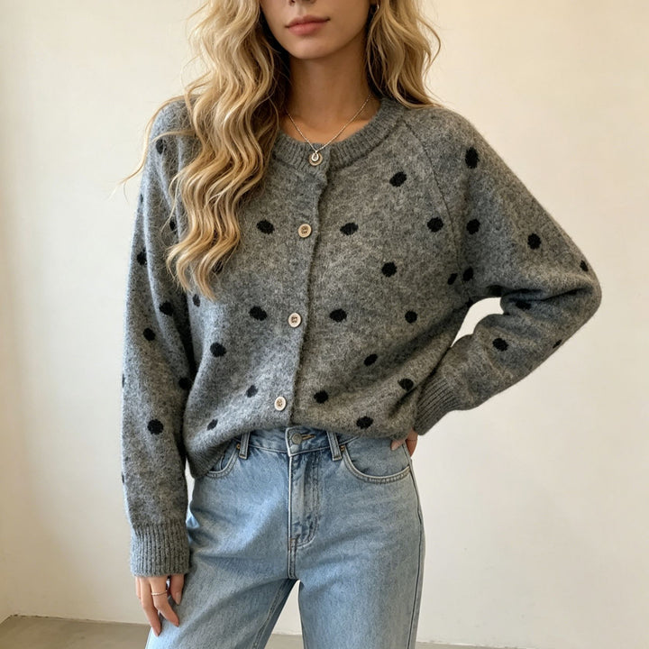 Damen Gepunkteter Mohair‑Optik Button‑Cardigan mit Rundhalsausschnitt Drune