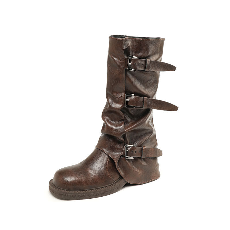 Damen Bikerstiefel mit mehrfachen Zierschnallen, gerafftem Schaft und robuster Profilsohle Drune