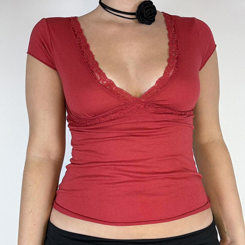 Damen Elegantes Oberteil mit Spitzen- und Drapierungselementen Drune