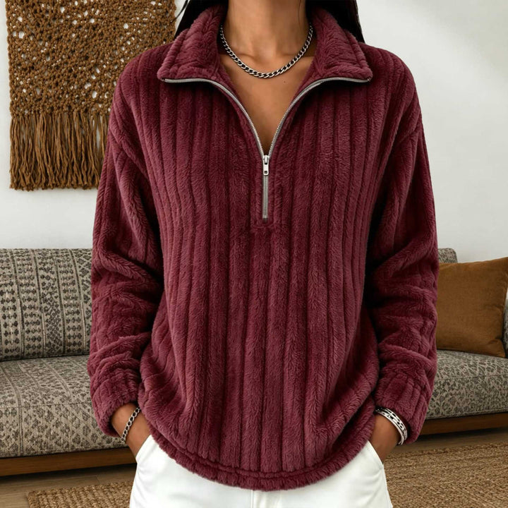 Damen Kuscheliger Plüsch-Halfzip-Pullover mit Stehkragen Drune