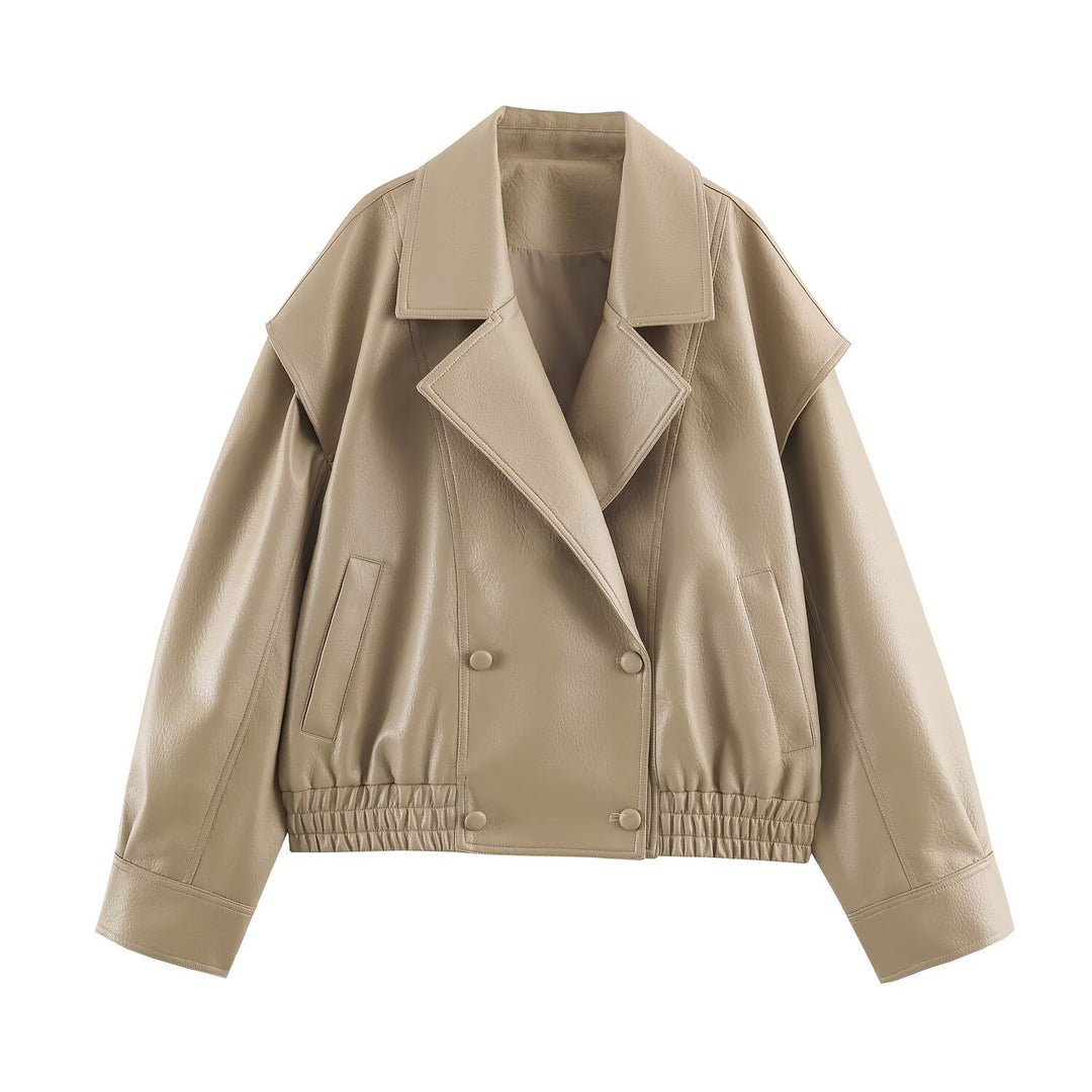 Damen Oversize Kunstlederjacke mit Doppelreihe, weitem Revers und elastischem Saum Drune