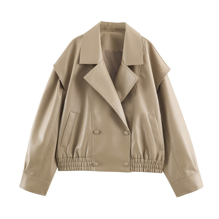 Damen Oversize Kunstlederjacke mit Doppelreihe, weitem Revers und elastischem Saum Drune