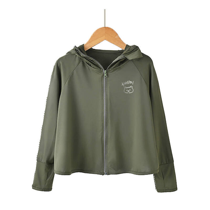 Unisex nan atmungsaktive Kinder-UV-Schutzjacke mit A-Linien-Schnitt, Kapuze und Daumenlöchern Drune