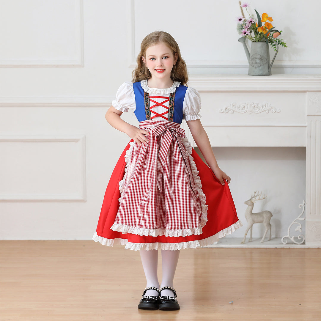 Damen nan traditionelles Kinder-Dirndl Kleid mit geraffter Schürze und Spitzenbesatz Drune
