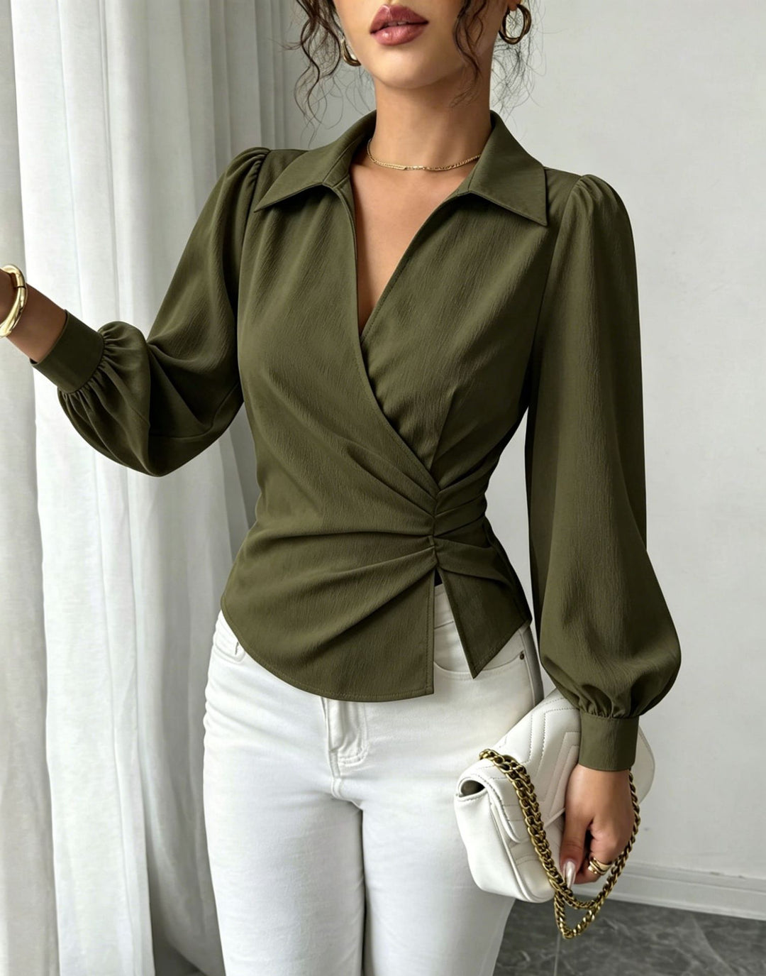 Damen Wickelbluse mit Taillenraffung, Hemdkragen und Ballonärmeln Drune