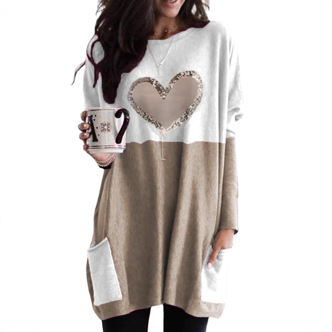 Damen Oversized Lange Pullover Tunika mit Pailletten-Herz und aufgesetzten Taschen Drune