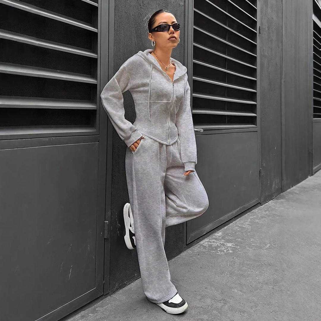 Damen Zip-Hoodie und weite Sweatpants Set mit taillierter Nahtführung Drune