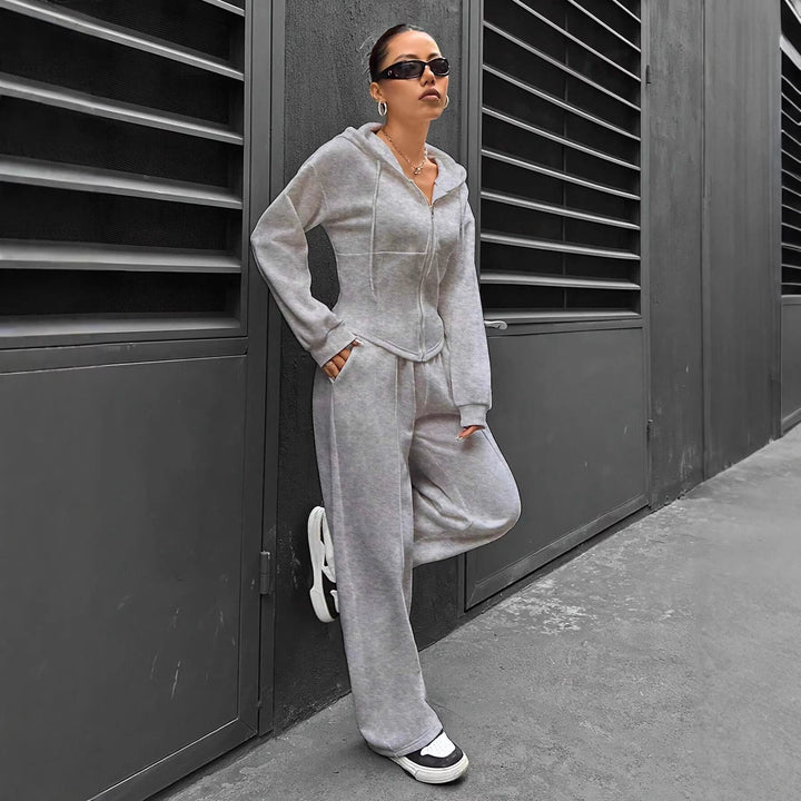 Damen Zip-Hoodie und weite Sweatpants Set mit taillierter Nahtführung Drune