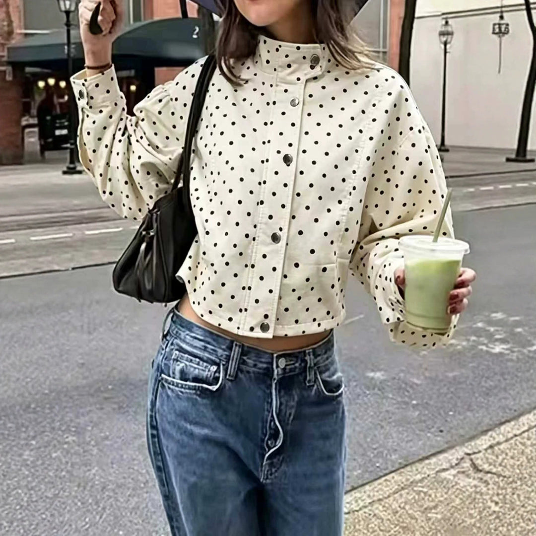 Damen Gepunktete Cropped-Jacke mit Stehkragen, Ballonärmeln und Druckknöpfen Drune