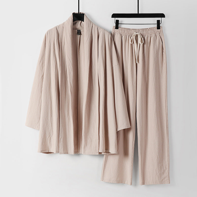 Unisex Lässiges Kimono-Zweiteiler aus atmungsaktivem Leinen-Viskose mit offenem Schalkragen und Kordelbundhose Drune