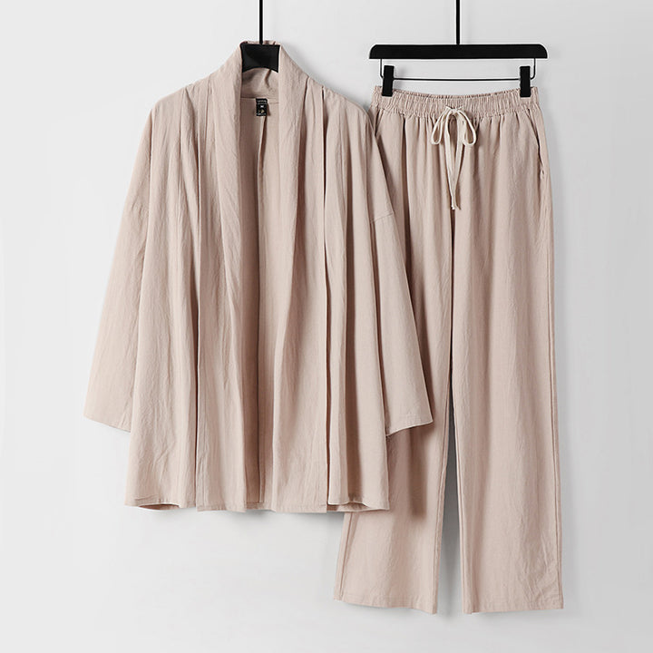 Unisex Lässiges Kimono-Zweiteiler aus atmungsaktivem Leinen-Viskose mit offenem Schalkragen und Kordelbundhose Drune