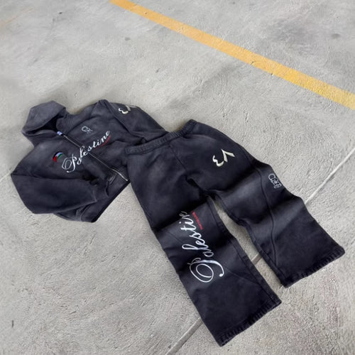 Unisex nan Oversize Kapuzensweat-Set im Vintage-Look mit Reißverschluss, aussagekräftiger Stickerei und weitem Sweatpant Drune