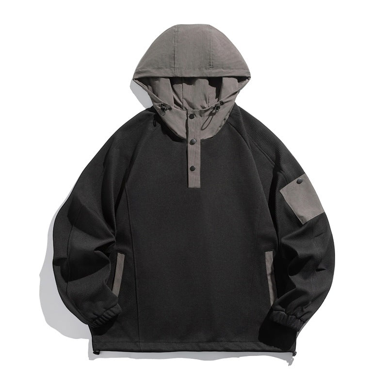Unisex Oversize Kapuzen-Anorak-Pullover mit halber Druckknopfleiste, Utility-Ärmeltasche und Thermostruktur Drune
