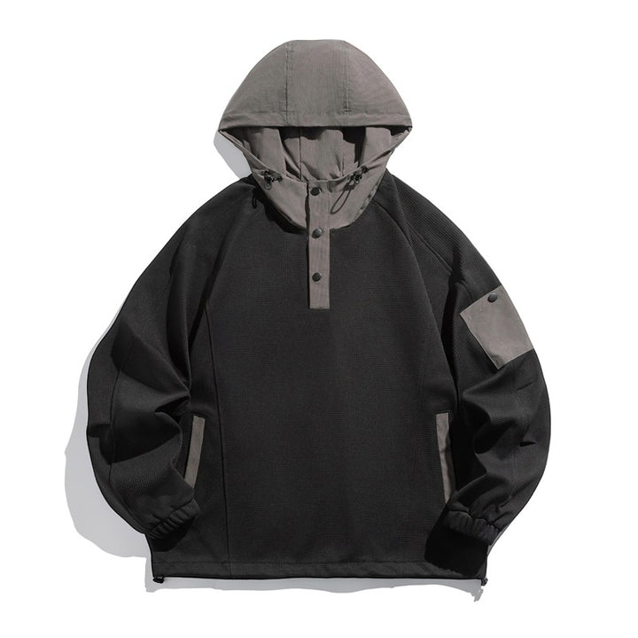 Unisex Oversize Kapuzen-Anorak-Pullover mit halber Druckknopfleiste, Utility-Ärmeltasche und Thermostruktur Drune
