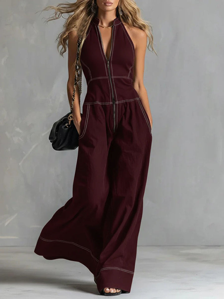 Damen Ärmelloser Halter-Jumpsuit mit Reißverschluss, weitem Bein und Eingrifftaschen Drune