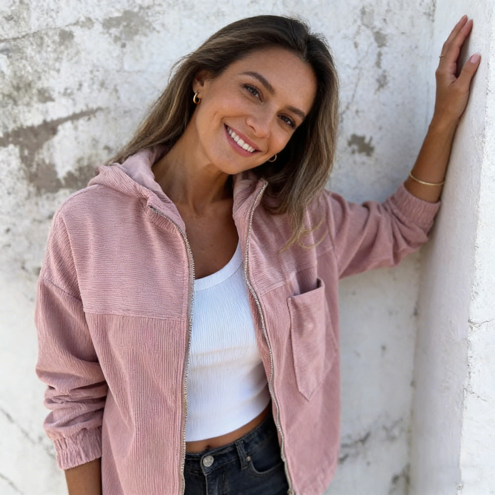 Damen nan Feincord-Übergangsjacke mit Kapuze, Reißverschluss, elastischen Bündchen und seitlichen Eingrifftaschen Drune