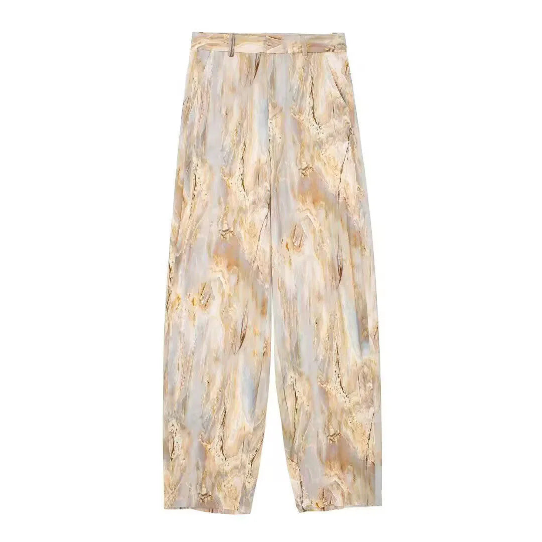 Damen nan weite Palazzo-Hose mit hohem Bund und marmoriertem Druck Drune