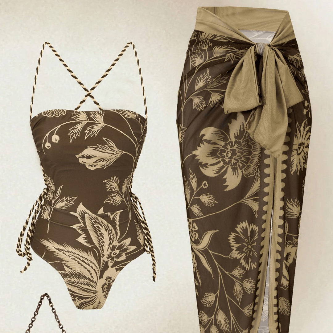 Damen Eleganter Floral Badeanzug mit passendem Wickelrock Drune