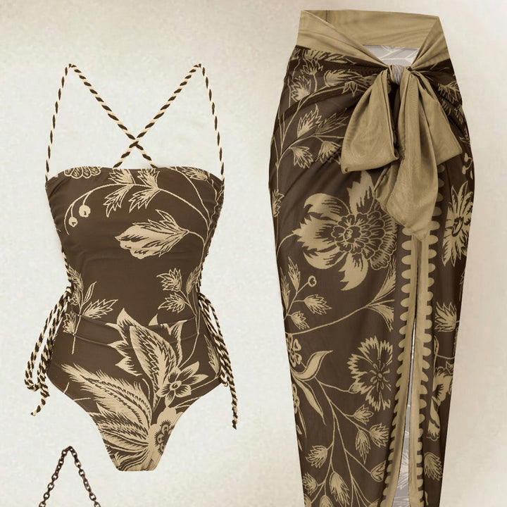 Damen Eleganter Floral Badeanzug mit passendem Wickelrock Drune