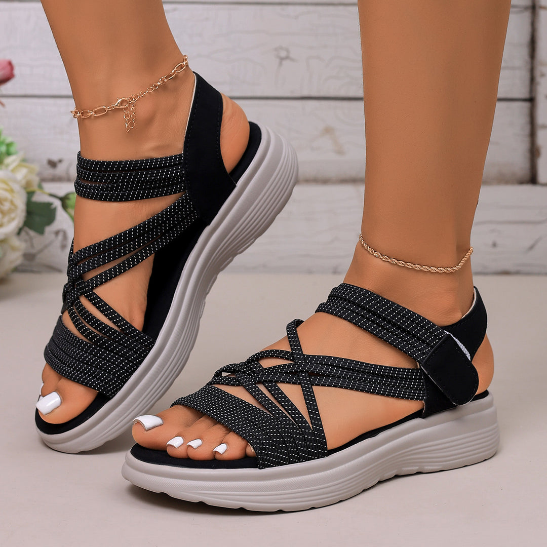 Damen Gepolsterte Plateau-Sandalen mit elastischen Flechtriemen und Klettverschluss Drune