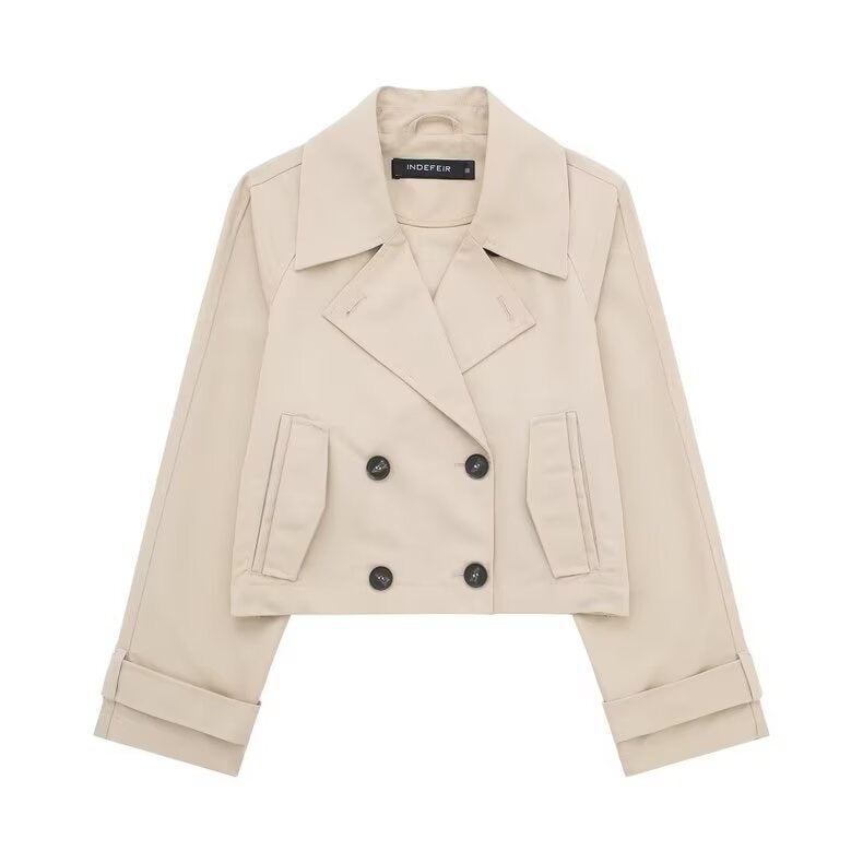 Damen nan kurze zweireihige Cropped Trenchjacke mit breitem Revers und verstellbaren Ärmelschnallen Drune