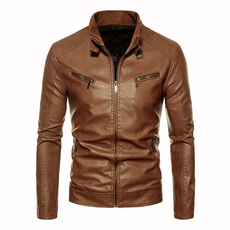 Herren Figurbetonte Kunstleder-Bikerjacke mit Stehkragen und Reißverschlusstaschen Drune