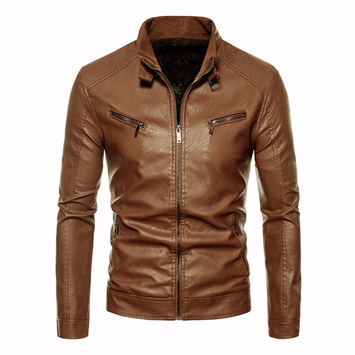 Herren Figurbetonte Kunstleder-Bikerjacke mit Stehkragen und Reißverschlusstaschen Drune