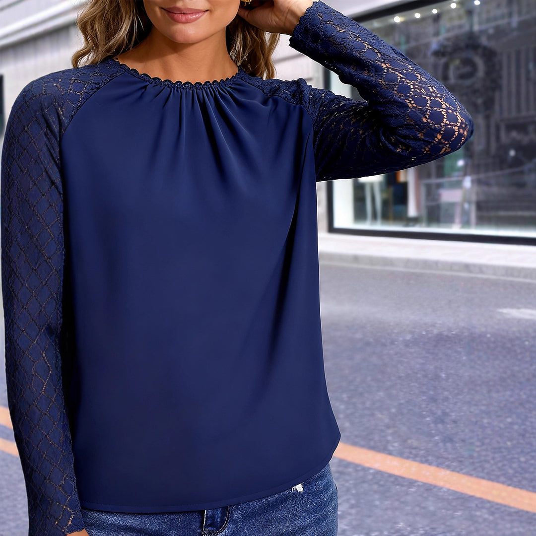 Damen Bluse mit Spitzenärmeln und gerafftem Ausschnitt Drune