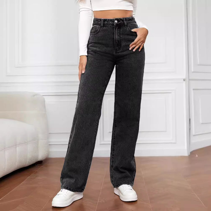 Damen Weit geschnittene High-Waist Jeans mit lässigem Look und klassischen Taschen Drune