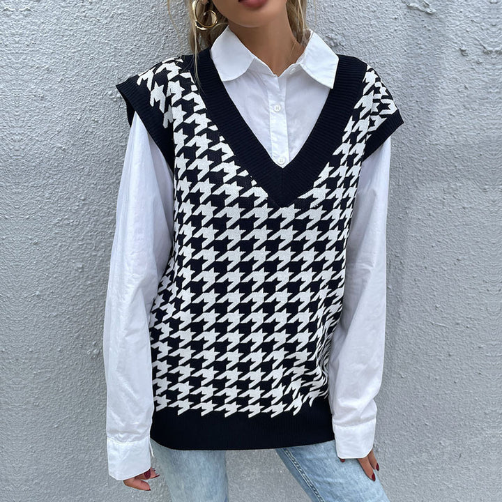 Damen Hochwertiger Strickpullover mit V-Ausschnitt und Hahnentrittmuster Drune