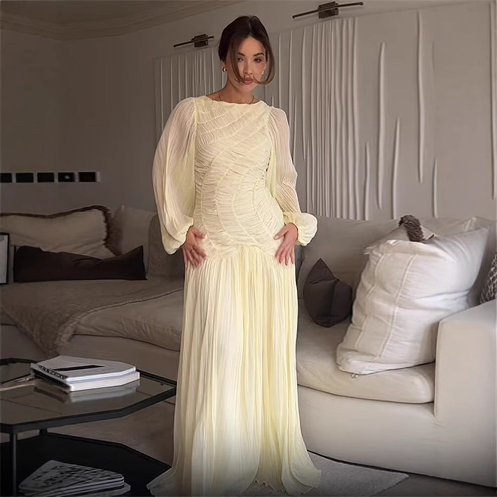 Damen 200+ langes Maxikleid mit Rüschenfront, Chiffon‑Lagen und Plissiertem Rock Drune