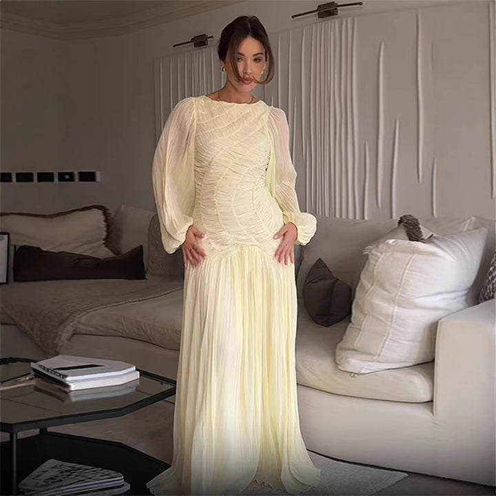 Damen 200+ langes Maxikleid mit Rüschenfront, Chiffon‑Lagen und Plissiertem Rock Drune