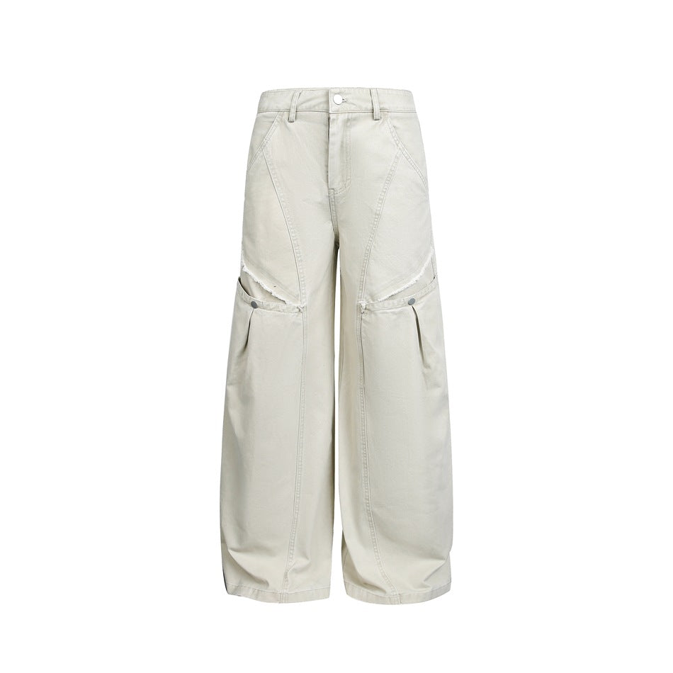Damen Weite High‑Waist Cargo‑Hose im Vintage‑Workwear‑Look mit Aufgesetzten Taschen und Fransen-Details Drune