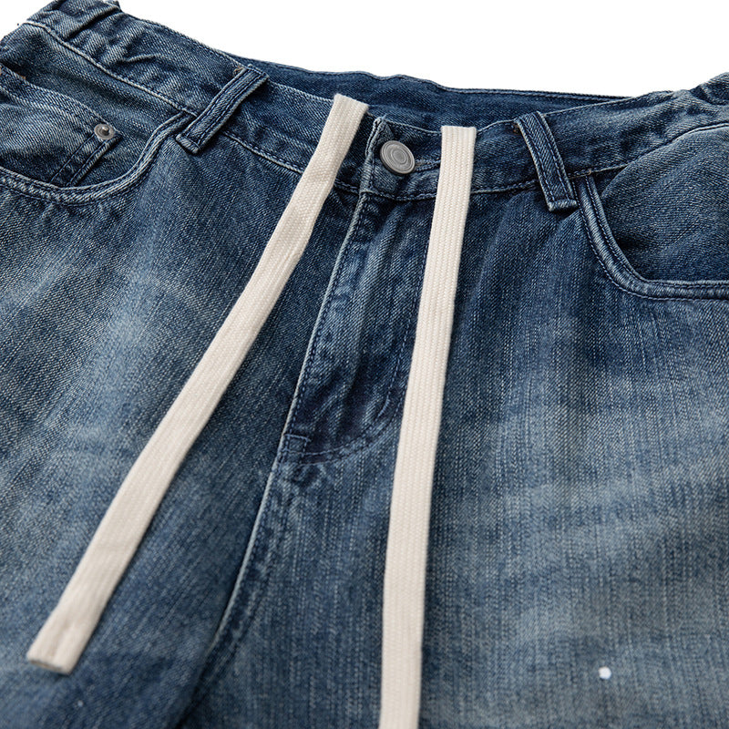 Damen Weit geschnittene High‑Waist Jeans mit Kordelzug, Farb‑Sprenkel und Used‑Waschung Drune