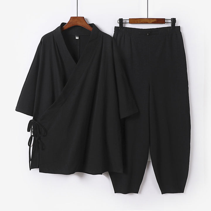 Unisex Leichtes Wickel-Lounge-Set im Kimono-Stil mit seitlichen Bindebändern und elastischer konisch zulaufender Hose Drune
