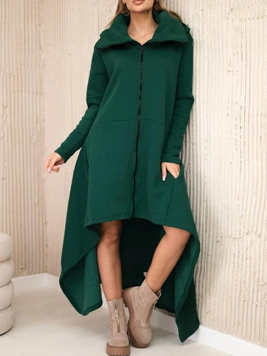 Damen nan asymmetrisches Sweatkleid mit hohem Stehkragen, durchgehendem Reißverschluss und verlängertem Rückensaum Drune