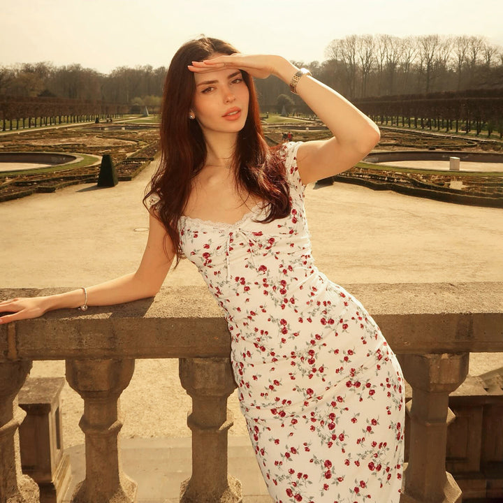 Damen Midikleid mit verspieltem Blumendruck und bindbaren Trägern Drune