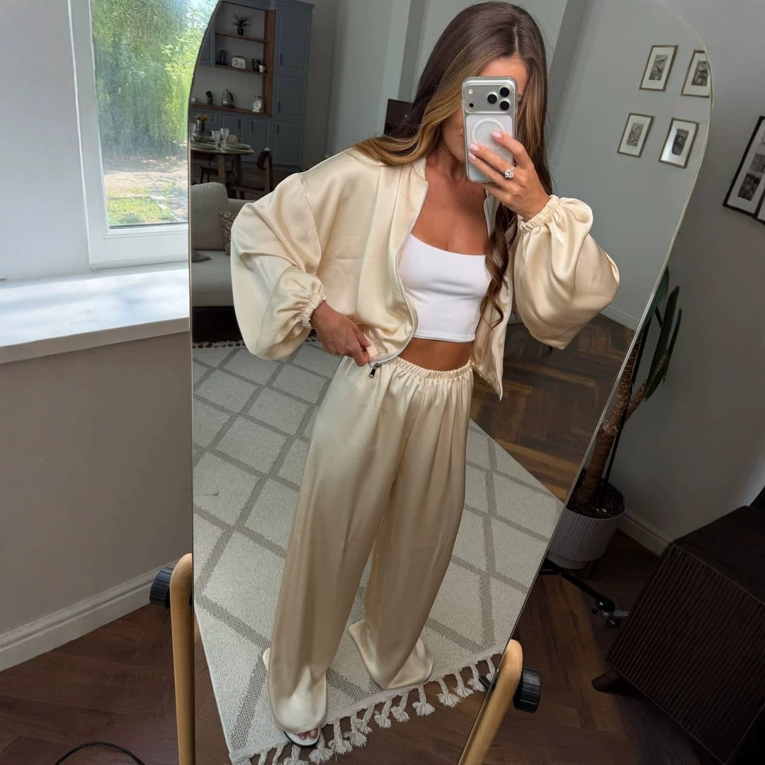 Damen Satin-Loungewear-Set mit kurzer Bomberjacke, Ballonärmeln und weitem Hosenbein Drune