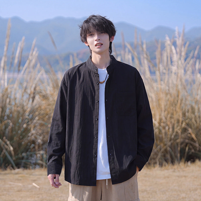 Herren Oversize-Hemd aus leichtem Baumwollmix mit Mandarinkragen und Brusttasche Drune