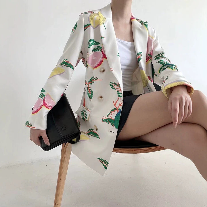 Damen Doppelreihiger Oversize-Blazer aus leichter Webware mit farbigem Zitrus-Print Drune