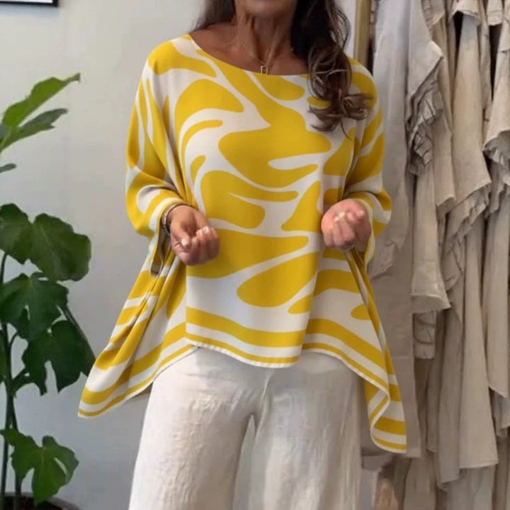 Damen Oversize Sommerbluse mit abstraktem Print, Fledermausärmeln und asymmetrischem Saum Drune
