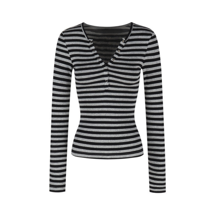 Damen Langarmshirt mit modernen Streifen und Knopfleiste Drune